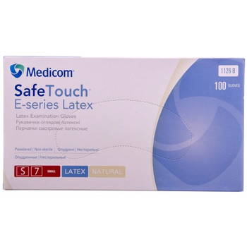 Одноразові рукавички латексні припудрені нестерильні Medicom SafeTouch E-series Latex 100 шт в упаковці Розмір S Білі