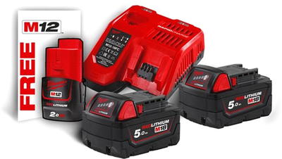 Энергокомплект Milwaukee M18 NRG-502 (Зарядное устройство для инструмента + 2 Аккумулятора для инструмента M18 B5 (5 А*ч) + 1 Аккумулятор для инструмента M12 B2 (2 А*ч) (4933459217)