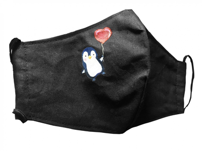 Маска для лица с рисунком Смешной ПИНГВИН с сердечком защитная не стерильная двухслойная не медицинская с художественной росписью Alleya-kartin на резинке 1 шт ткань хлопок цвет черный