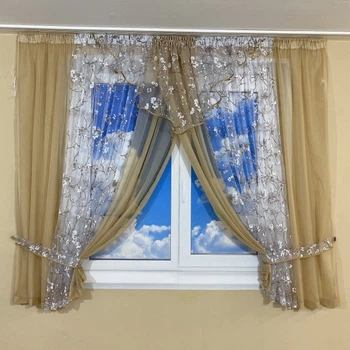 Занавеска на кухню со шторками TG Home №445 беж сакура