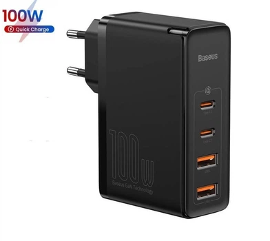 Блок питания Baseus 100W GaN2 Pro Quick Charger |2xUSB/2xType-C, QC/PD, 5A| + кабель USB-C 100W для MacBook/Huawei/Samsung/Asus/Google/Lenovo black