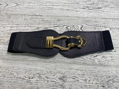 Еластичний широкий ремінь пояс жіночий чорний із золотистою пряжкою ширина 7 см