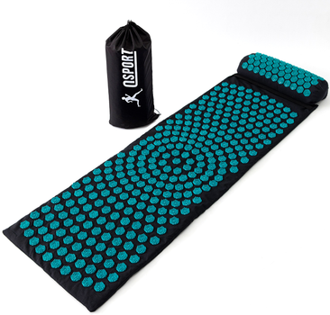 Масажний килимок Аплікатор Кузнєцова + валик масажер для спини/шиї/голови OSPORT Lotus Mat EcoPro (apl-022) Чорно-бірюзовий