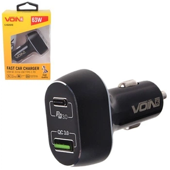 Автомобильное зарядное устройство для VOIN 63W, 1USB QC3.0 18W + 1PD 45W, 12/24V (C-63202Q)
