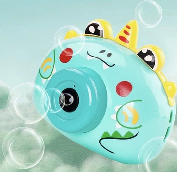 Генератор мыльных пузырей Фотокамера динозаврик Bubble World на батарейках в комплекте с раствором 2 бутылки