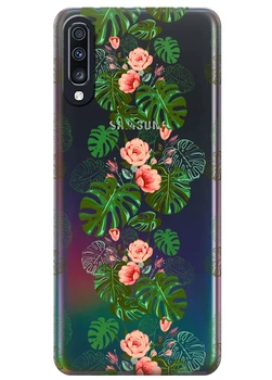 Прозрачный силиконовый чехол iSwag для Samsung Galaxy A70 Тропические листья (M6583)