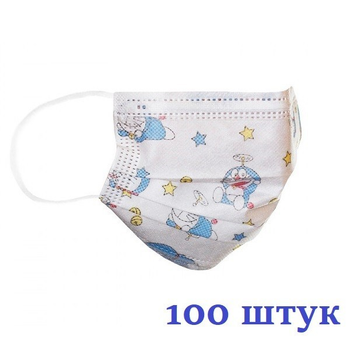 Маски медицинские НЗМ Детские трехслойные не стерильные в индивидуальной упаковке Котик с мельтблауном Украина высокое качество 100 шт