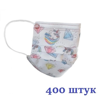 Маски медичні НЗМ Дитячі тришарові не стерильні в індивідуальній упаковці Єдиноріг з мельтблауном Україна 400 шт