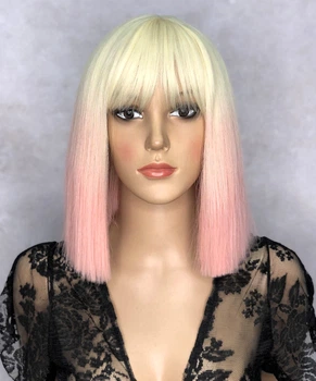 Парик LILY Ombre Blond каре розово-белый омбре, с имитацией кожи, термостойкое волокно