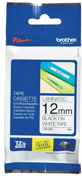 Taśma Brother 12 mm Laminated white Print black (4977766685177)