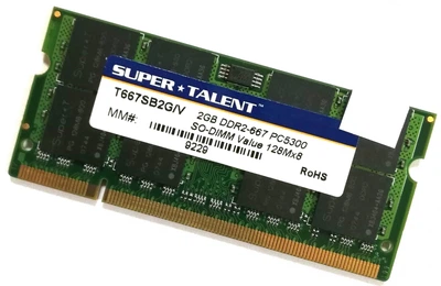 Оперативная память для ноутбука Super Talent SODIMM DDR2 2Gb 667MHz 5300S 2R8 CL5 (T667SB2G/V) Б/У