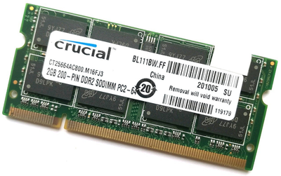 Оперативная память для ноутбука Crucial SODIMM DDR2 2Gb 800MHz 6400s CL6 (CT25664AC800.M16FJ3) Б/У