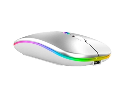 Беспроводная бесшумная мышь BauTech Со светодиодной RGB подсветкой аккумуляторная Bluetooth + 2.4 ГГц тихая Серебристый (1009-788-01)