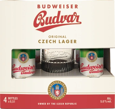 Подарунковий набір пива Budweiser світле фільтроване 5% 0.5 л x 4 шт. + кухоль 0.5 л (8594403707380)