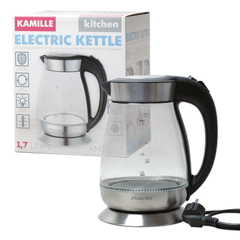 Чайник электрический Kamille 1.7л с синей LED подсветкой и стальными декоративными вставками KM-1705B