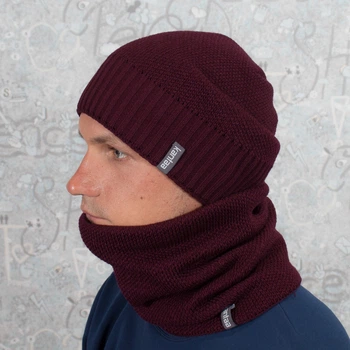 Комплект мужская вязаная шапка со снудом КАНТА Fashion Hat на флисе 50-60 Бордо (OC-082)