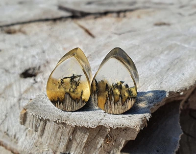 Серьги плаги WoodWork TUNNEL Drop Gold Aureate 14 мм Деревянные