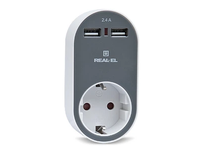 Адаптер мережевий з розеткою REAL-EL CS-20 2USB 2.4 A White/Grey