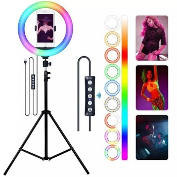 Набор для блогера 2в1 Разноцветная Светодиодная Кольцевая лампа RGB LED 20 см Селфи Лампа для блогеров с держателем для телефона и со штативом 2 метра 10 Ват 15 режимов
