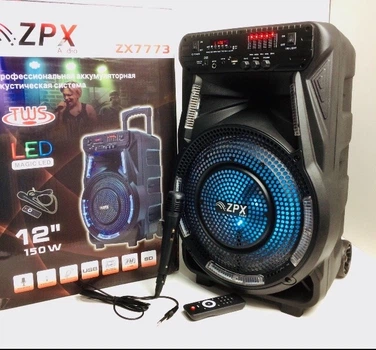 Мощная акустическая Bluetooth система с проводным микрофоном ZPX ZX-7773 портативная колонка аккумуляторная 100-150 Вт Черная