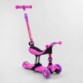 Самокат-беговел 3 в 1 трехколесный Best Scooter BS-26566, розовый, светящиеся колеса, сидение, амортизаторы, родительская ручка