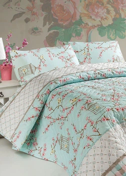 Покрывало стеганное с наволочками Eponj Home - Birdcage бирюзовое 200*220