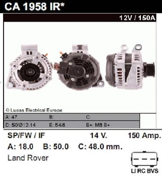 Генератор восстановленный Land Rover Discovery, Land Rover Range Rover MSG Rebuilding CA1958IR