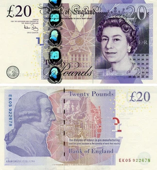 Банкнота Великобритания Англия 20 фунтов 2006 UNC экономист Адам Смит (P392)