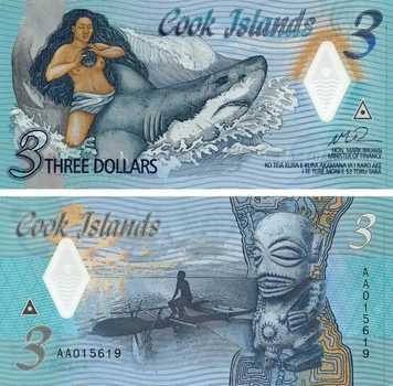 Банкнота Острова Кука 3 доллара Полимер 2021 UNC Акула (PW11)