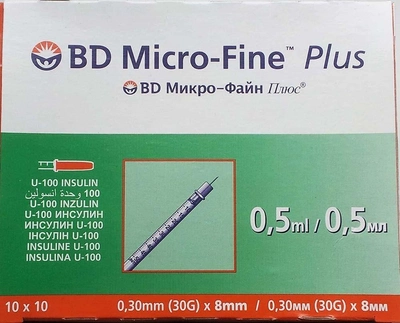 Шприц інсуліновий Micro-Fine Plus 0,5 мл U-100 0,30 (30G) * 8мм 10 штук (МІКРО ФАЙН ПЛЮС)