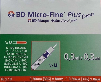 Шприц інсуліновий Micro-Fine Plus DEMI 0,3мл U-100 0,30 (30G) 10 штук (МІКРО ФАЙН ПЛЮС)