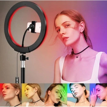 Профессиональная кольцевая LED лампа GTM 33 см с RGB подсветкой держателем для телефона селфи кольцо для блогеров (48256IM)