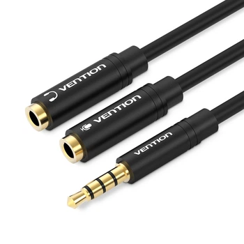 Кабель Vention Audio 3.5mm M 4pin - 2x3.5mm F 0.3 м Black Metal Type, 4 pin, c поддержкой микрофона, стерео (BBVBY)