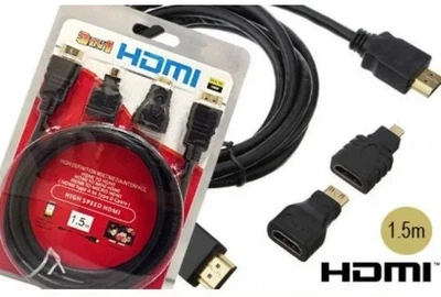 Кабель Hdmi 1.5 м (3 в 1) +2шт переходника в комплекте micro/mini hdmi (550724370) мультимедийный Черный