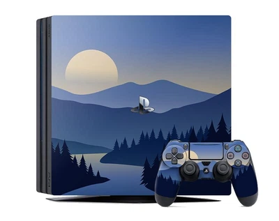Виниловая наклейка на Sony PlayStation PS4 Slim консоль и контроллер вечерний пейзаж, арт.700275