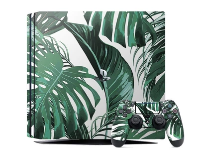 Виниловая наклейка на Sony PlayStation PS4 Slim консоль и контроллер с принтом тропические листья, арт.700329