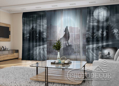 3D - Фото Штори і тюль PHOTODECOR "Вовк в лісі і місяць"