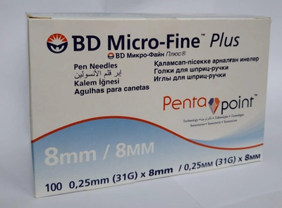 Инсулиновые иглы MICRO-FINE Penta Point 8мм 0,25 (31G) 100 штук (микро ФАЙН ПЛЮС)