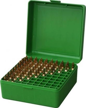 Коробка MTM RM-100 на 100 патронов кал. 22-250 Rem; 243 Win и 308 Win. Цвет – зеленый. (1773.04.70)