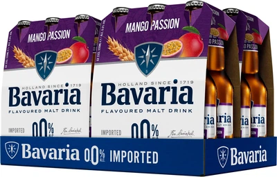 Упаковка напою солодового газованого безалкогольного Bavaria malt Mango Passion світле фільтроване 0% 0.33 л х 24 шт. (8714800036269)