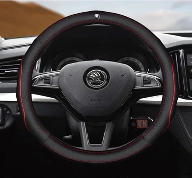 Чохол на кермо DLCar обплетення для автомобіля Skoda натуральна шкіра чорна з червоною прошивкою