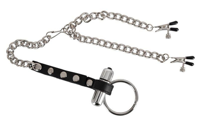Эрекционное кольцо с вибропулей и зажимы для сосков Chained Nipple Clamps Cock Ring Vibe (18540000000000000)