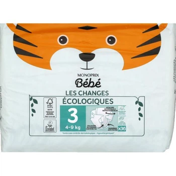 Эко -Подгузники Monoprix Bebe Ecologiques 3 размер ( 4-9 кг ) Box 144шт ( 4уп*36шт )