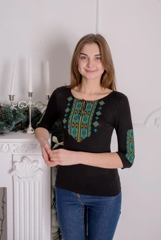 Жіноча вишиванка Podolyanka Гуцульська XXL Чорна з бірюзовою вишивкою