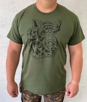 Мужская футболка для охотника принт Морда кабана XXL темный хаки