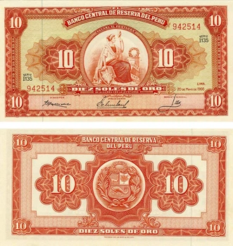 Банкнота Перу 10 сіль 1966 AU-UNC (P84)