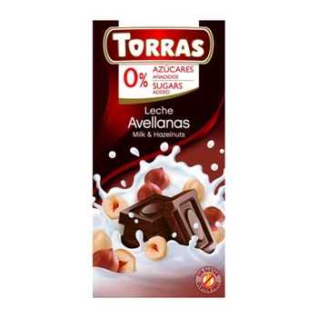 Шоколад молочний TORRAS з фундуком (БЕЗ ЦУКРУ, БЕЗ ГЛЮТЕНУ) 75г (00-00000094)