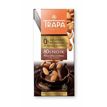 Шоколад черный TRAPA какао 80% с цельным миндалем, без сахара, без глютена 175г (00-00001190)