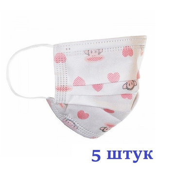 Маски медицинские НЗМ трехслойные не стерильные в индивидуальной упаковке Обезьянка и Сердечки с мельтблауном Украина высокое качество 5 шт