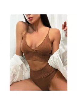 Купальник трикотажний у дрібну смужку з високими плавками Modern Boutique коричневий, S К779